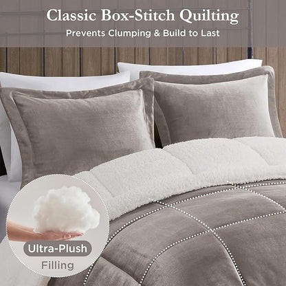 Woolrich Reversible Comforter Set Ultra Soft Plush to Sherpa, Down Alternative, Cold Weather Winter Warm Bedding, with Matching Sham, Decorative Pillow Grey/Ivory Full/Queen 4 Piece