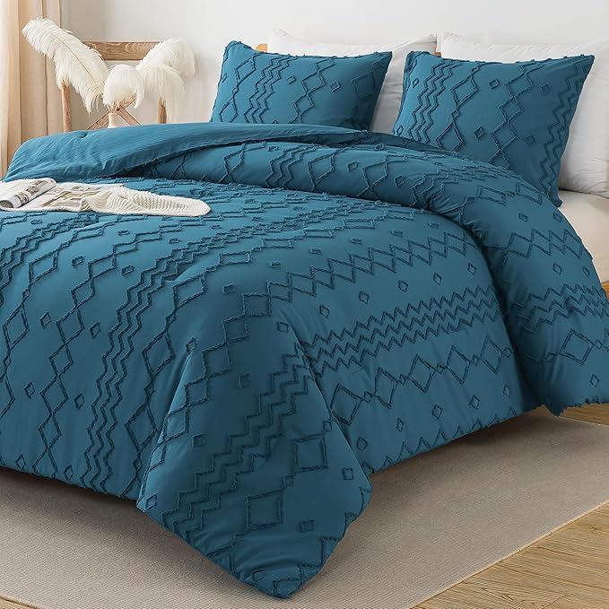Andency Teal Tufted Comforter Set Queen(90x90Inch), 3 Pieces(1 Boho Comforter, 2 Pillowcases) Textured Farmhouse Bed, Soft Microfiber Down Alternative Geometric Bedding Set