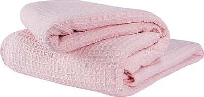 GLAMBURG 100% Cotton Thermal Blanket, Breathable Waffle Blanket, Queen Size, All Season, Baby Pink