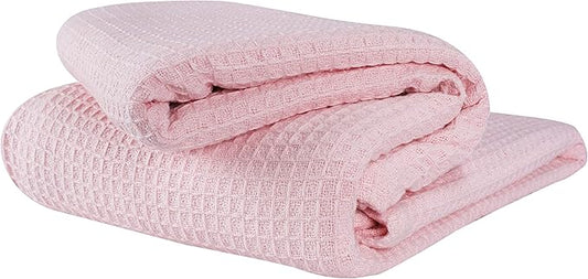 Glamburg 100% Cotton Thermal Blanket, Breathable Twin Size Waffle Blanket, All Season, Baby Pink