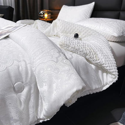 Jacquard Comforter Set - Luxury Warm Paisley Floral Pattern King Size Bedding with 2 Pillowcases All-Season Soft & Lightweight 3D Bubble Design Bed Set (104x90 Inches White)