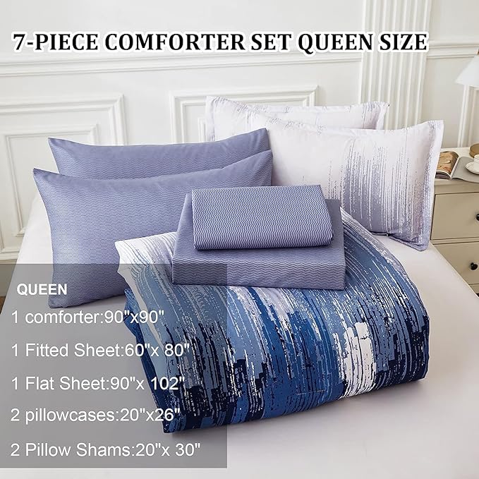 WONGS BEDDING Navy Blue Comforter Set King,7 Pieces Bed in a Bag Abstract Art Gradient Comforter Soft Microfiber Bedding Set with Comforter, Flat Sheet, Fitted Sheet, Pillow Shams,Pillowcases