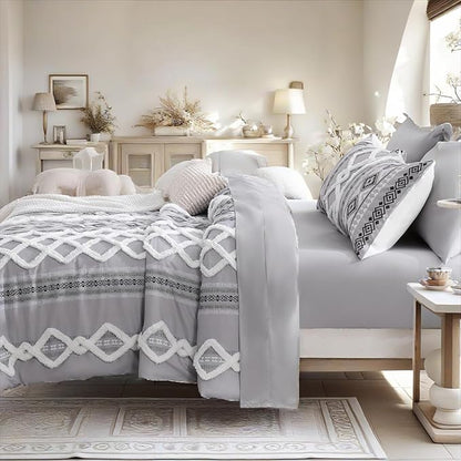 MOVE OVER Boho Tufted Comforter Set King Size 5 Pieces Farmhouse Bedding Set 100% Soft Microfiber Boho Aztec Bedroom Comforter Set Modern Style Ethnic Gray Tufted Bed Set for All Seasons