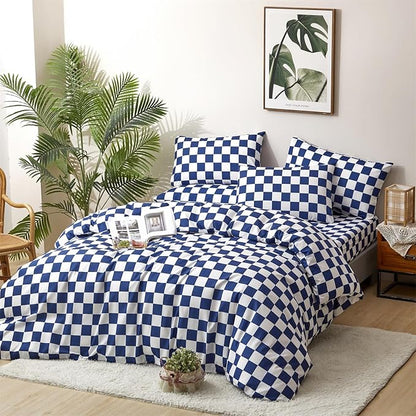 CLOTHKNOW Blue White Plaid Twin/Twin XL Comforter Set 3Pcs Grid Bedding Comforter Sets Royal Blue White Bed Comforter Blue Bedding Sets Soft