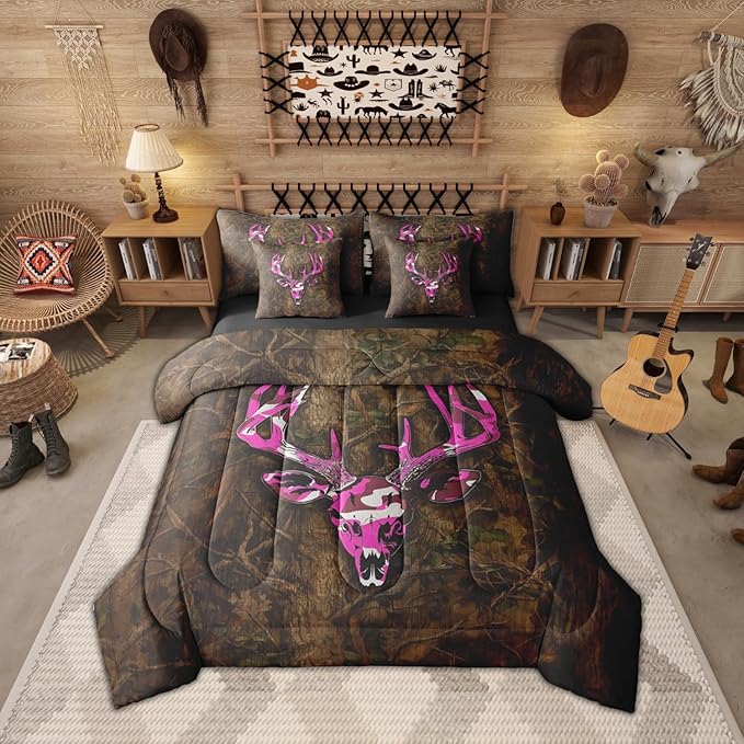 Erosebridal Deer Skull 7 Piece Bedding Set Full Boho Comforter Set with Sheets Hunting Elk Western Camouflage Leaves Bed in a Bag Branches Pattern Purple Brown for Teens Men Women