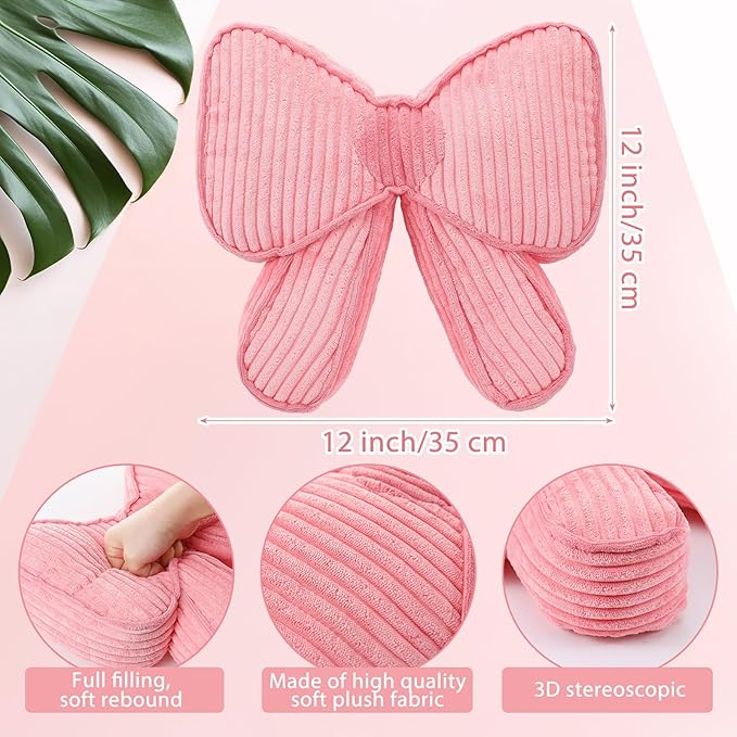 Pink Bow Pillow 12'' Coquettish Bow Shaped Decorative Pillows Soft Corduroy Pink Cushion for Girls Women Room Bed Sofa Couch Aesthetic Home Decor Gift