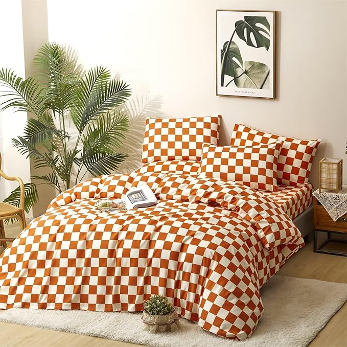 Houseri Burnt Orange Plaid Comforter Set Queen White and Rust Grid Bedding Sets for Women Girls Caramel Red Blanket Boys Men Reddish Brown Queen(90''*90''-Comforter)