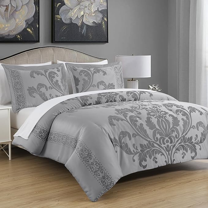 Chezmoi Collection Valor 7-Piece California King Bed in a Bag, Silver/Gray Luxury Jacquard Floral Comforter with Sheets Set for All Season