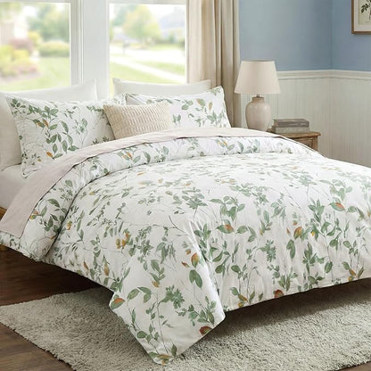 Floral Comforter Set Queen Size 100% Cotton Comforter Green Floral Bedding Comforter Set 3 Pcs Ultra Soft and Easy Care Reversible Lightweight Bedding Sets