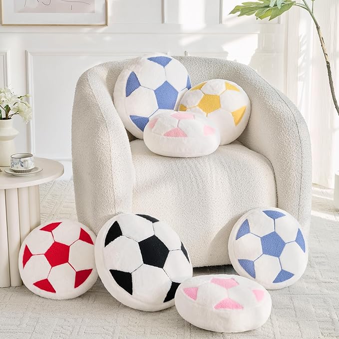 Soccer Pillow,15" Soccer Shaped Pillow Floor Cushion Seating Cushion with Faux Rabbit Fur,Round Soccer Throw Pillow Room Décor for Sofa Couch Living Room (Pink)