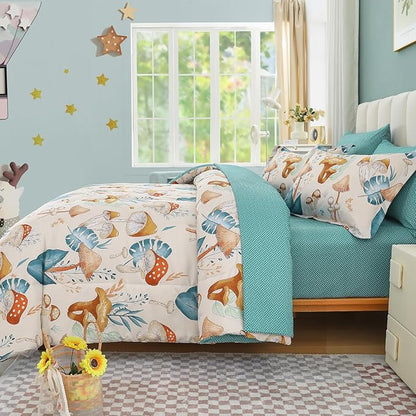 Drucon Mushroom Comforter Set Twin Size 6 Pieces Bed in Bag Botanical Bedding Set with Plants, Reversible Cute Mushroom Comforter for Kids Adults Boys Girls