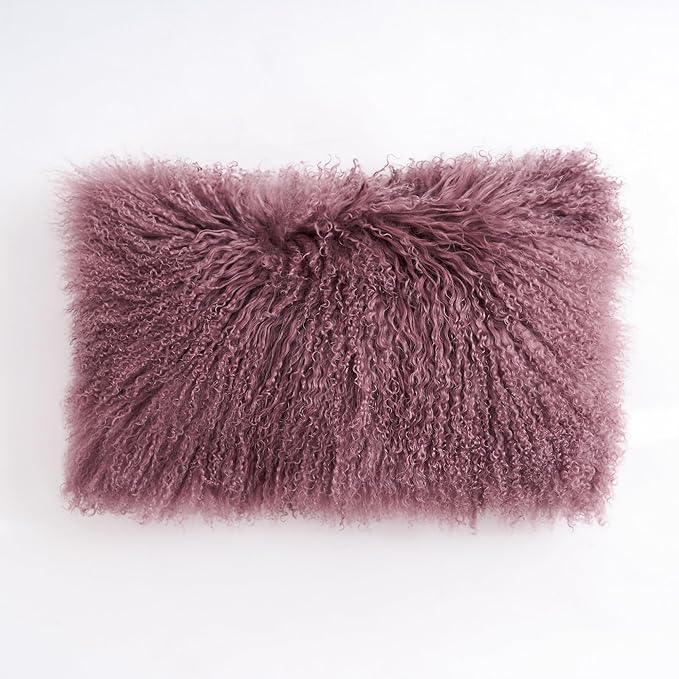 Genuine Mongolian Lamb Fur Pillow Cover – 12"x20" Rectangular Cushion Case – Soft Curly Wool Decorative Accent for Sofa, Bed, or Chair (Rose Taupe)