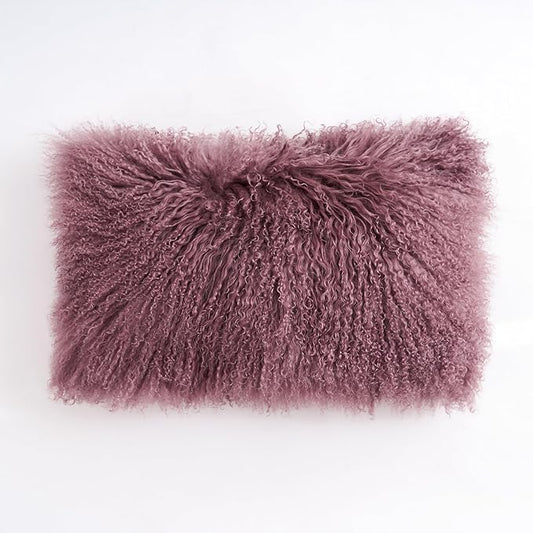 Genuine Mongolian Lamb Fur Pillow Cover – 12"x20" Rectangular Cushion Case – Soft Curly Wool Decorative Accent for Sofa, Bed, or Chair (Rose Taupe)