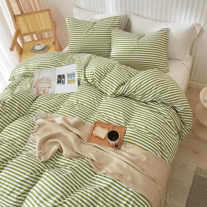 mixinni Striped Comforter Set King Size - Green White Stripes Pattern Bed Set for All Season, 3 Pieces Lightweight Bedding Comforter Sets for All Seasons (1 Soft Fluffy Comforter + 2 Pillowcases)