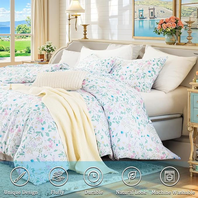 King Floral Comforter Set 100% Cotton Comforter 3 Pieces Green Leaves and Pink Floral Bedding Set Lightweight Soft Reversible Bedding for All Season
