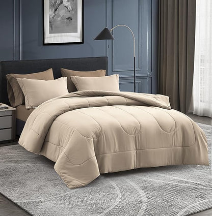 Maple&Stone Queen Size Comforter Set 7 Pieces Bed in a Bag - Down Alternative Bed Set with Sheets, Pillowcases & Shams, Soft Reversible Duvet Insert for Queen Bed, Beige