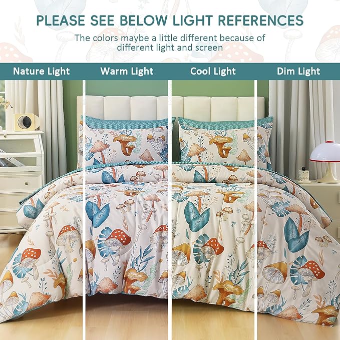 Drucon Mushroom Comforter Set Twin Size 6 Pieces Bed in Bag Botanical Bedding Set with Plants, Reversible Cute Mushroom Comforter for Kids Adults Boys Girls