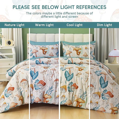 Drucon Mushroom Comforter Set Twin Size 6 Pieces Bed in Bag Botanical Bedding Set with Plants, Reversible Cute Mushroom Comforter for Kids Adults Boys Girls