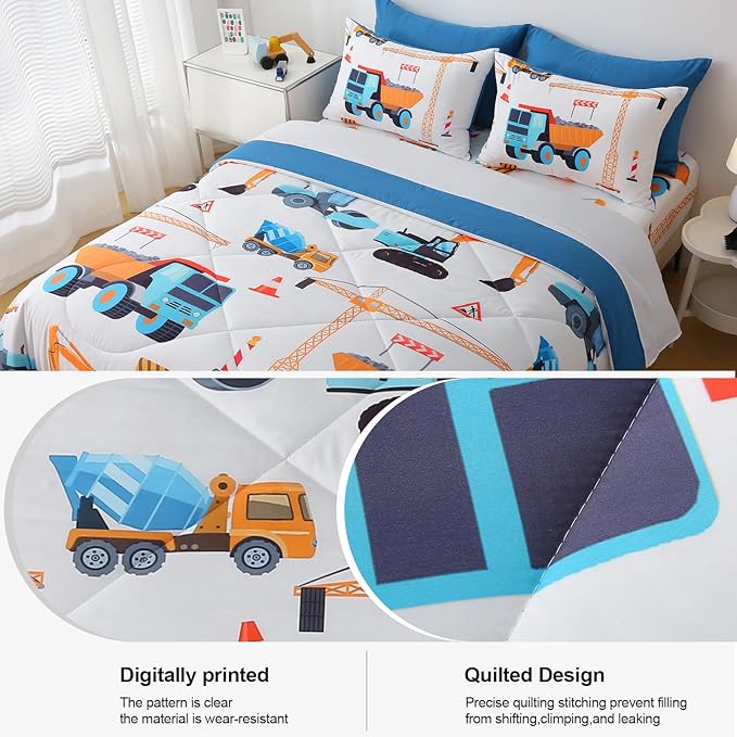 7 Pieces Boys Comforter Set Queen Size Excavator Bedding Set Cartoon Car Kids Bed in a Bag Construction Truck Bedding for Children Kids Boys Teens for Birthday Choice
