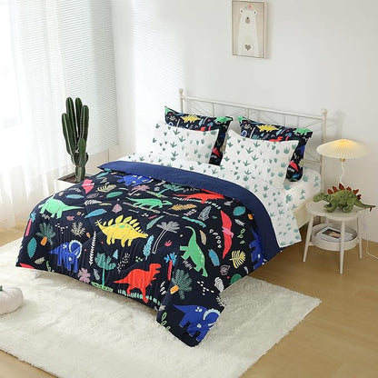 Kids Boys Dinosaur Comforter Set Full Size 7 Piece Bed in a Bag Colorful Dino Bedding Set for Child Teens (1 Comforter, 1 Flat Sheet, 1 Fitted Sheet, 2 Pillow Shams, 2 Pillowcases)