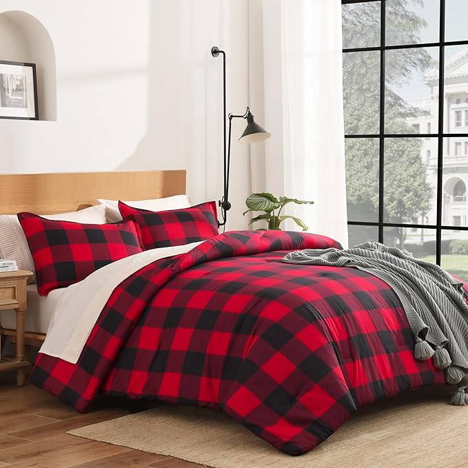 Andency Red and Black Plaid Comforter Set Queen(90x90Inch), 3 Pieces Buffalo Plaid Checkered Gingham Bedding Comforter Sets, Soft Burgundy Lightweight Geometric Down Alternative Bed Set