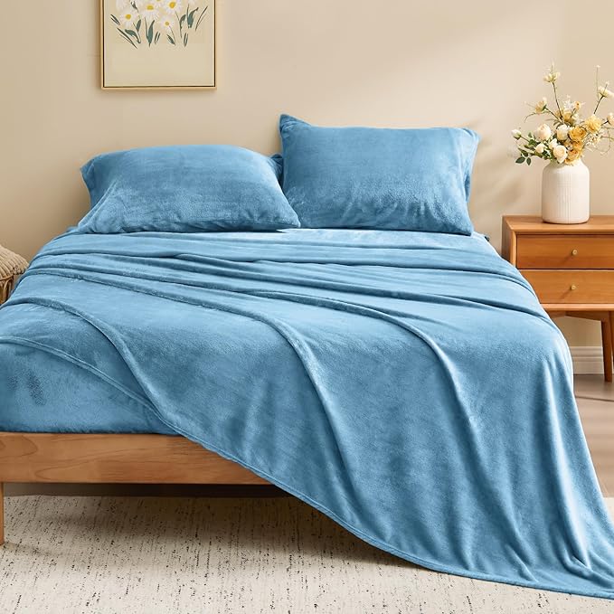 BEDELITE Flannel Sheets King Size Forever Blue - Super Soft Fleece Sheets Set Fluffy Extra Plush, 4 Piece(Include Fitted Sheet, Flat Sheet, 2 Pillowcases)