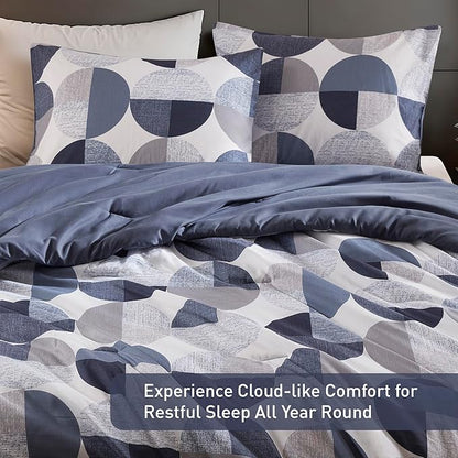 Stylish Three-Tone Printed King Size Comforter Set, 3 Pieces Ultra-Soft Microfiber Bedding Set, Warm and Cozy Comforter for All Seasons, Navy Blue & Grey