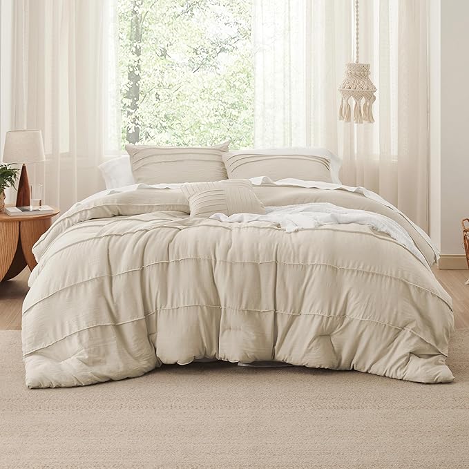 Bedsure Twin Comforter Set - 3 Pieces Pinch Pleat Bed Set, Linen Boho Bedding for All Season, 1 Soft Comforter, 1 Pillowcase, 1 Decorative Pillow
