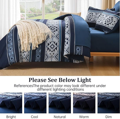 Anibedding King Size Comforter Set Navy Blue,7 Pieces Boho Bed in a Bag Aztec Western Bedding Set, Soft Microfiber Bed Comforter Set for All Season
