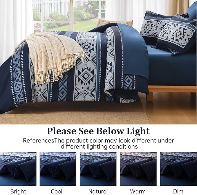 Anibedding Navy Blue Comforter Set Queen Size,7 Pieces Boho Bed in a Bag Aztec Western Bedding Set, Soft Microfiber Bed Comforter Set for All Season