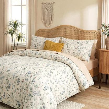 Floral Comforter Set Queen Size Green Floral Bedding Set 3 Pieces 100% Cotton Farmhouse Botanical Bedding Breathable Soft Reversible Comforter for All Seasons