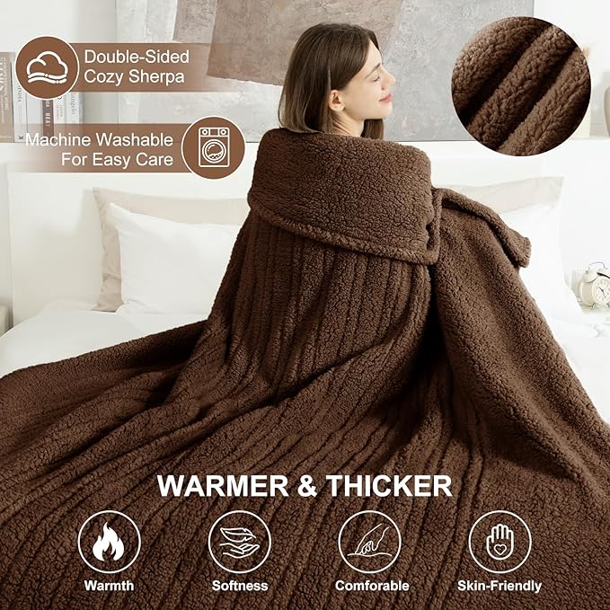 Electric Blanket Twin 62"X84"- Soft Double Sided Sherpa Heated Blanket Twin with 5 Heatings Levels & 10 hrs Auto Shut Off, Fast Heating & ETL Certified, Gift for Women(Brown)