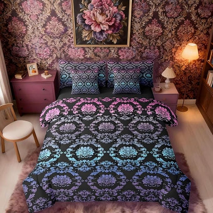 Erosebridal Gradient Rainbow Damask Bed in a Bag Queen Comforter Set 7-Piece | Antique Decor Gothic Vintage Floral Bedding Sets Goth Victorian Comforter and Sheet Set, Luxury Bohemian Room Decor