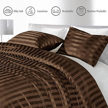 Whale Flotilla 3-Piece Reversible Silky Soft Queen Comforter Set, Luxury Stripe Satin Comforters Full Size Bedding Set with 2 Satin Pillowcases, Lightweight Duvet Set for All Seasons, Brown