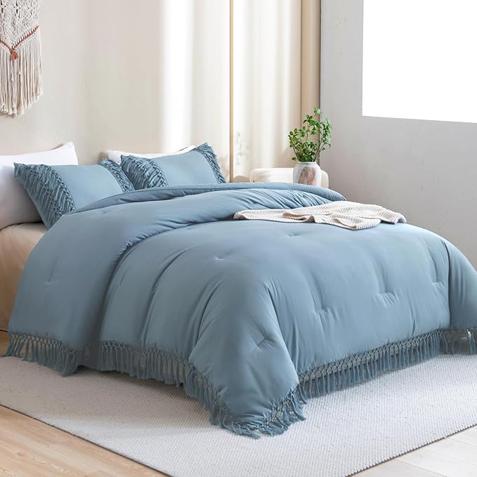 Andency Grayish Blue Comforter Set King, 3 Pieces Boho Tassel Lightweight Soft Bedding Comforter Sets for King Bed, All Season Fluffy Fringe Bed Set (104x90In Comforter & 2 Pillowcases)