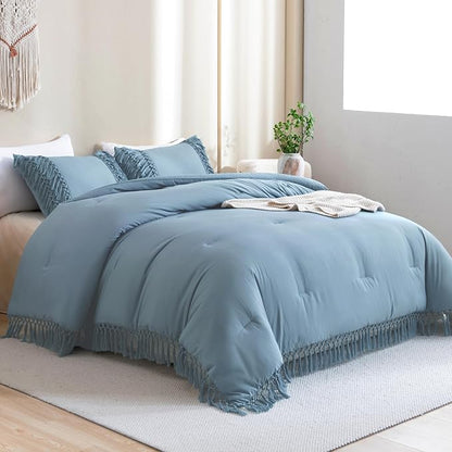 Andency Grayish Blue Full Size Comforter Set, 3 Pieces Boho Tassel Lightweight Soft Bedding Comforter Sets, All Season Fluffy Fringe Bed Set (79x90In Comforter & 2 Pillowcases)