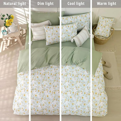 Floral Cotton Comforter Twin Size 2Pcs - Yellow and Blue Tiny Flowers & Little Lambs on White, Sage Green Back, Reversible Lightweight Bedding Sets with Soft Fill(1 Comfoter, 1 Pillowcase)