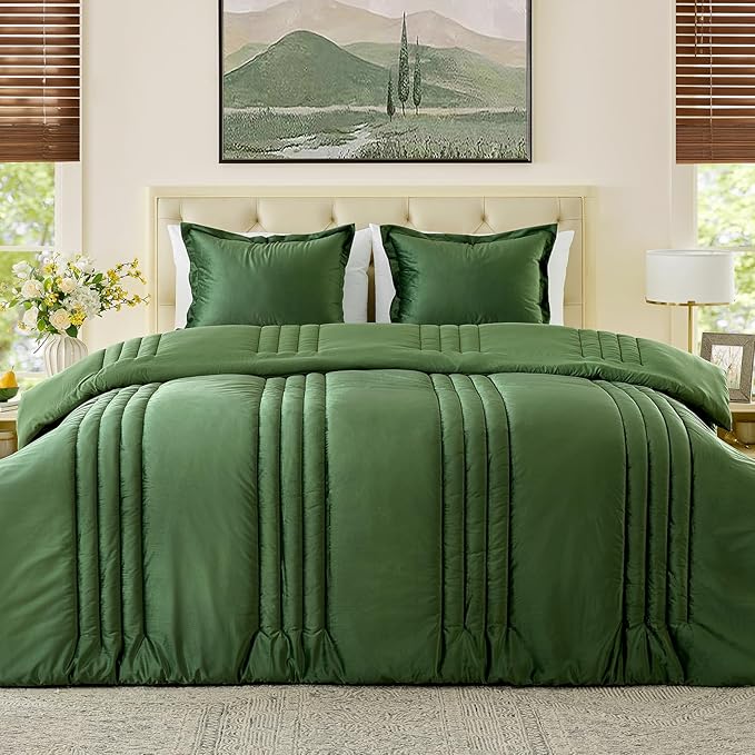 MUSSEL King Size Comforter Set Olive Green 3 Pieces,Luxury Velvet Striped Bedding Comforter Sets,Elegant Lightweight Neutral Soft Fluffy King Comforter Sets for Bedroom