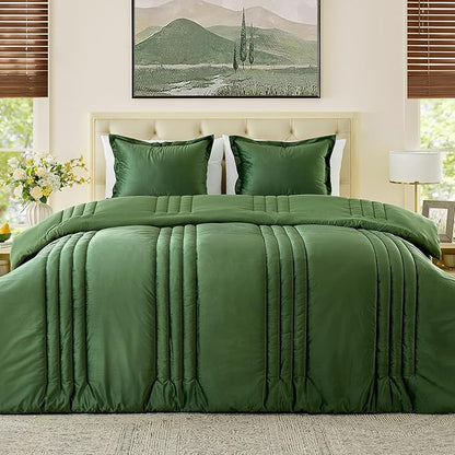 MUSSEL King Size Comforter Set Olive Green 3 Pieces,Luxury Velvet Striped Bedding Comforter Sets,Elegant Lightweight Neutral Soft Fluffy King Comforter Sets for Bedroom