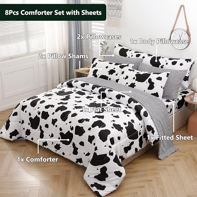 SUCSES Cow Print Full Size Comforter Sets, 8 Pieces Bed in A Bag Comforter Set with Sheets, Black and White Bedding Set for Kids Teens Boys Girls, Animal Print Cute Kid Full Size Bedding