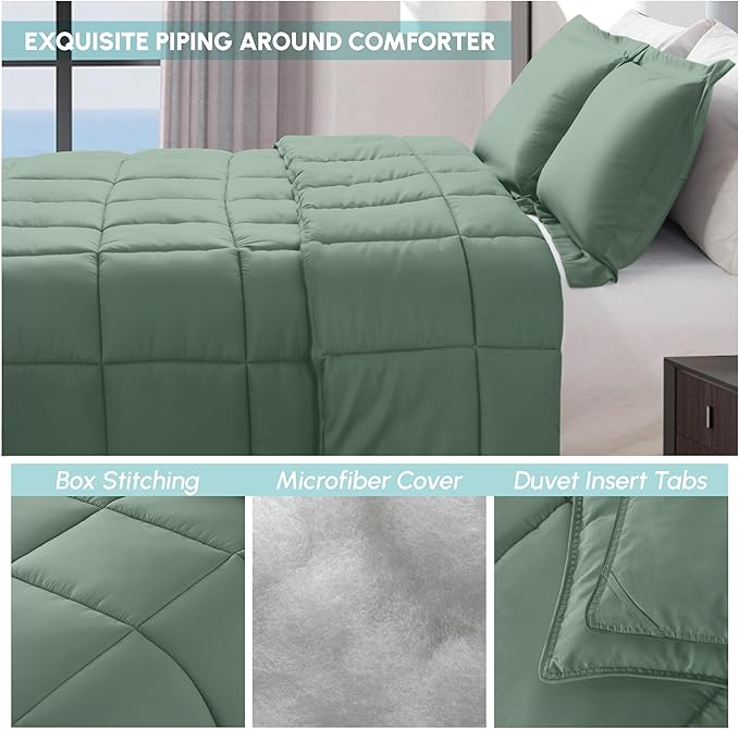 Elegant Comfort 3-Piece Box Stitched Down Alternative Comforter with Shams - Ultra Soft for All Season Duvet Insert with Corner Tabs, Plush Cozy 3PC Comforter Set, Oversize Queen, Smoke Green