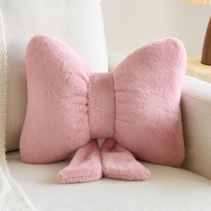 Xuyier Bow Pillows, Bow Shaped Decorative Throw Pillows for Couch Bed, Aesthetic Cute Home Decor Accent Pillows (Grey Pink, Small-12 Inches)