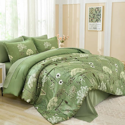 Yiran 7 Piece Sage Green Floral Comforter Set King Size, Dandelion Plant Botanical Comforter Bedding Set, Bed in a Bag King, Soft Microfiber Complete Bedding Set with Sheets for All Season