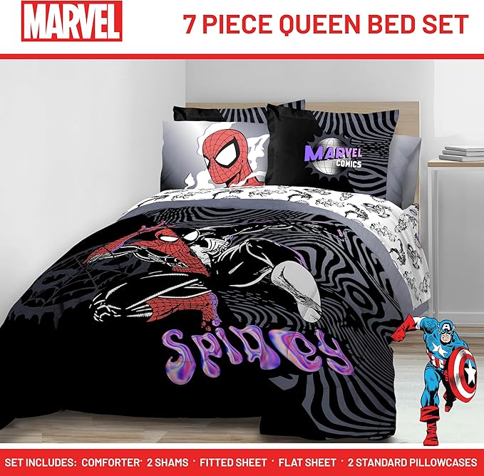 Jay Franco Kids Comforter Set Includes Sheets and Pillow Covers - Soft and Cozy Bed Set for Stylish Room Decor, Black - Marvel Comics, 7 Piece Queen Size Bedding
