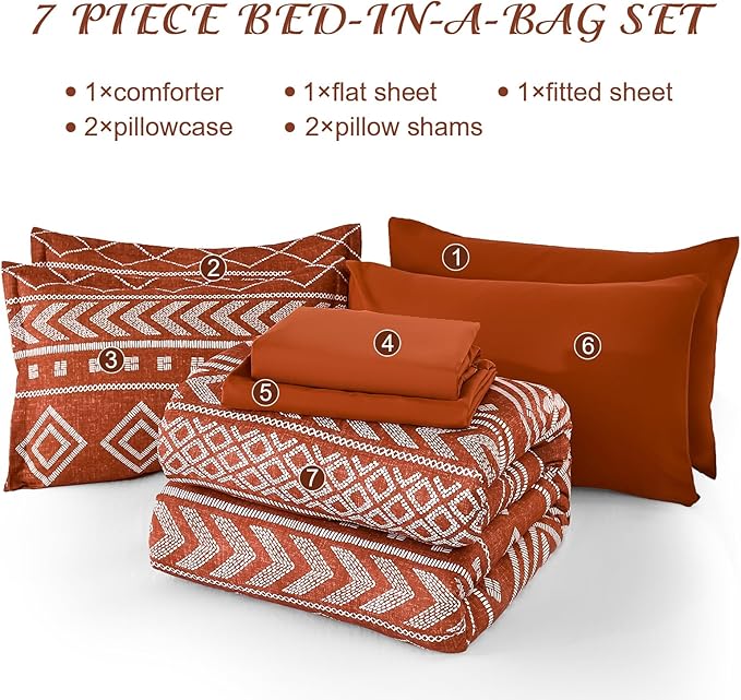 Yiran Burnt Orange King Comforter Set, 7 Piece Terracotta Boho Bedding Set, Geometric Bed in a Bag King, Soft Microfiber Bohemian Striped Complete Bedding Set with Sheets for All Season