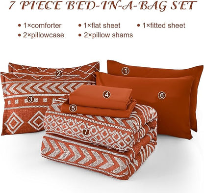 Yiran Burnt Orange King Comforter Set, 7 Piece Terracotta Boho Bedding Set, Geometric Bed in a Bag King, Soft Microfiber Bohemian Striped Complete Bedding Set with Sheets for All Season