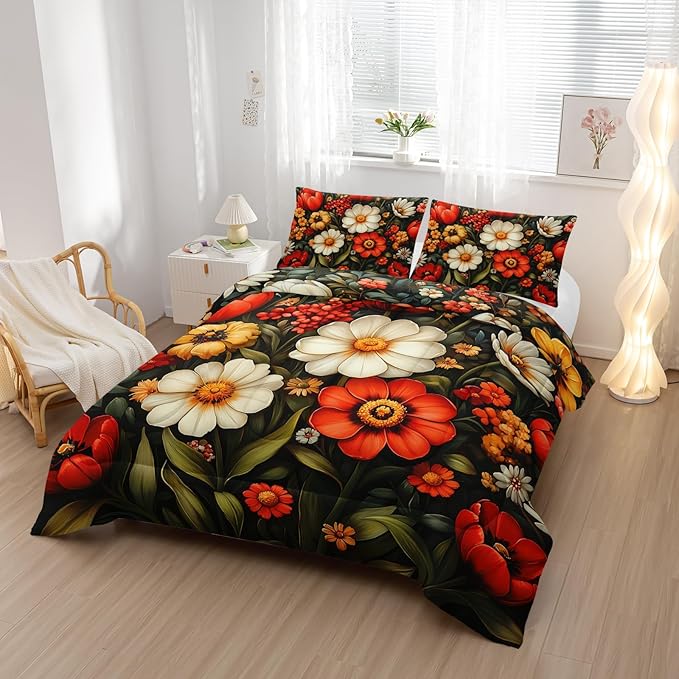 Cute Flower 3 Piece Bedding Set Queen Size，Colorful Floral Ultra Soft Microfiber Comforter Bed Set with 3-Pieces,Cute Colorful Botanical Flowers Patterned Bedroom Decor Comforter and 2 Pillow Shams