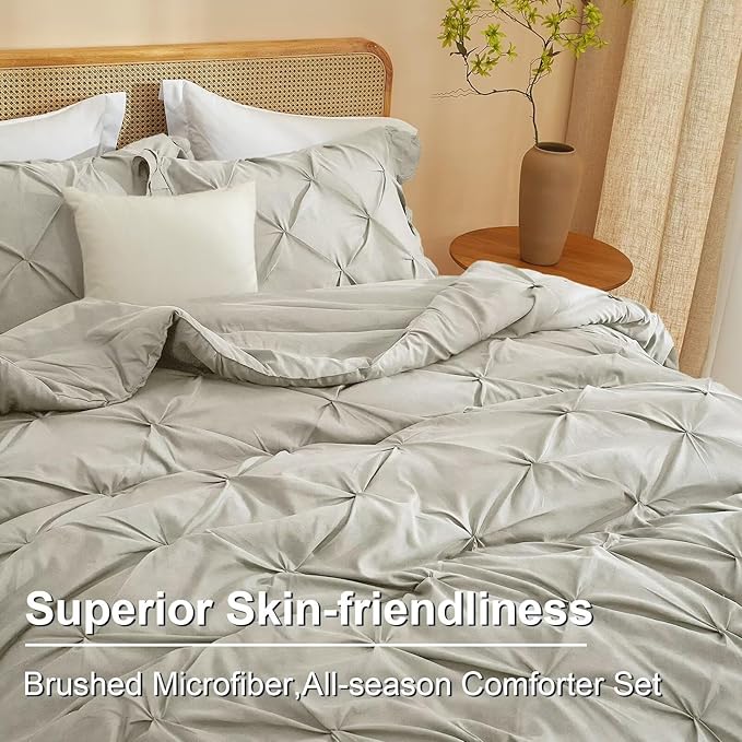 Light Grey Bedding Comforter Sets Full Size 3 Pcs with 1 Comforter and 2 Pillowcases Pinch Pleated Pintuck Ruffles Rustic Shabby Farmhouse Bedding Set All Season Lightweight Bed Sets