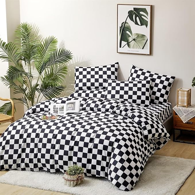 Houseri Black and White Comforter Set Queen Plaid Black Grid Comforters Queen Size Teen Boys Men Modern Black White Checkerboard Bedding Comforters Sets Buffalo Plaid Checkered Queen Comforter Set