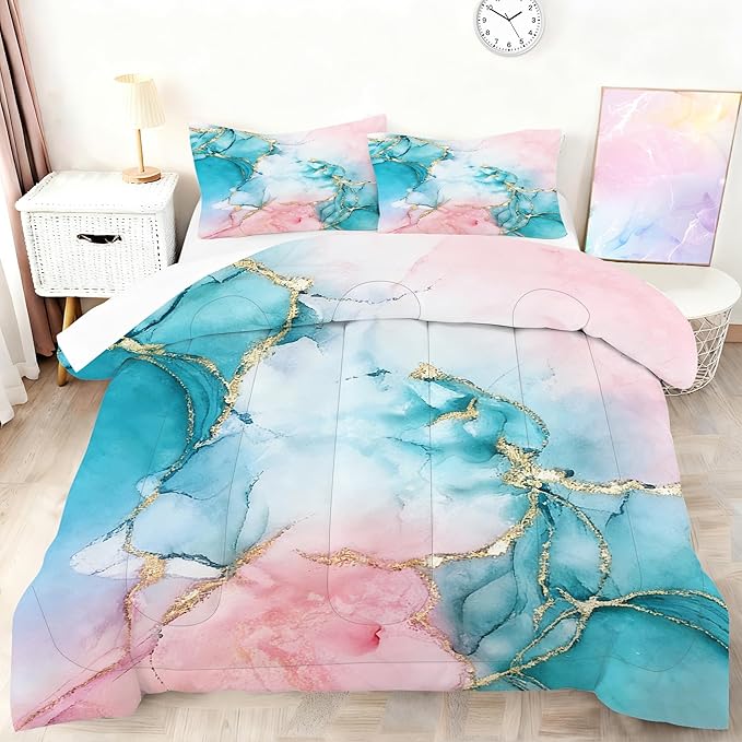 Watercolor Marble Bedding Set King Size Pink Teal Gold Comforter Set for Kids Girls Women Room Decor Abstract Art Marbling Bed Set Modern Teal Blue Quilt Set with 1 Comforter + 2 Pillowcases